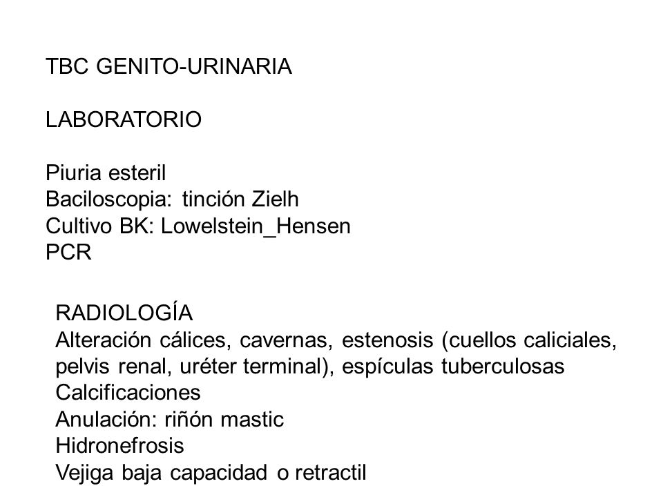 TBC GENITO-URINARIA LABORATORIO. Piuria esteril. Baciloscopia: tinción Zielh. Cultivo BK: Lowelstein_Hensen.