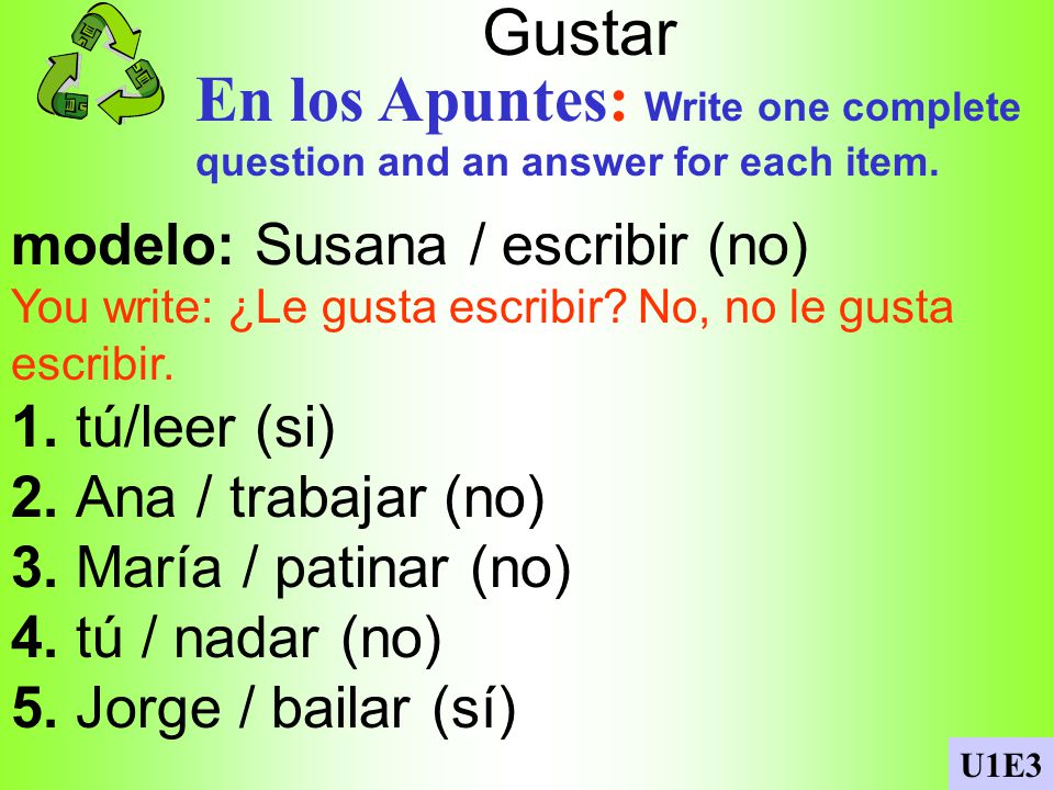 Gustar En los Apuntes: Write one complete question and an answer for each item. modelo: Susana / escribir (no)