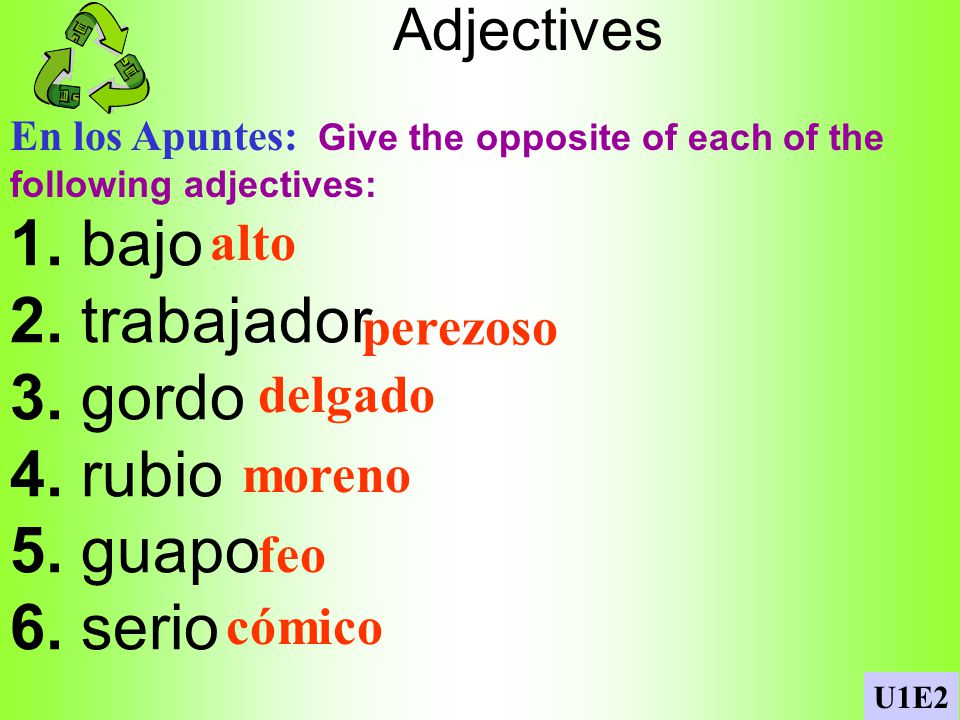 1. bajo 2. trabajador 3. gordo 4. rubio 5. guapo 6. serio Adjectives