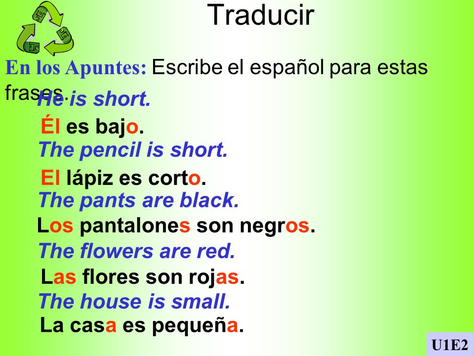 Traducir En los Apuntes: Escribe el español para estas frases.