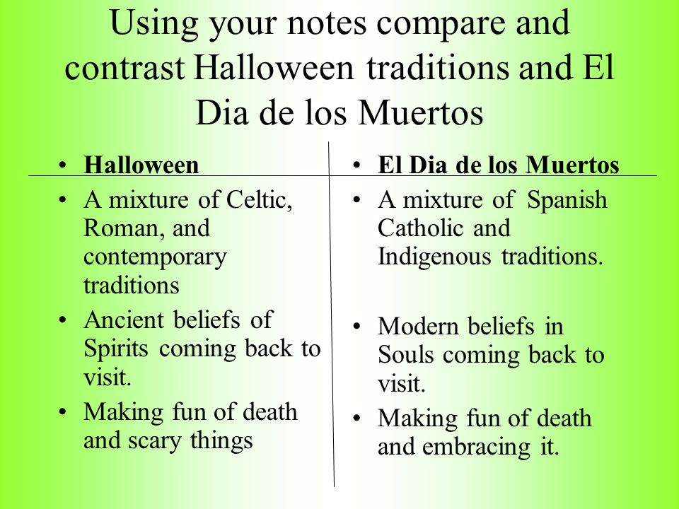 Using your notes compare and contrast Halloween traditions and El Dia de los Muertos
