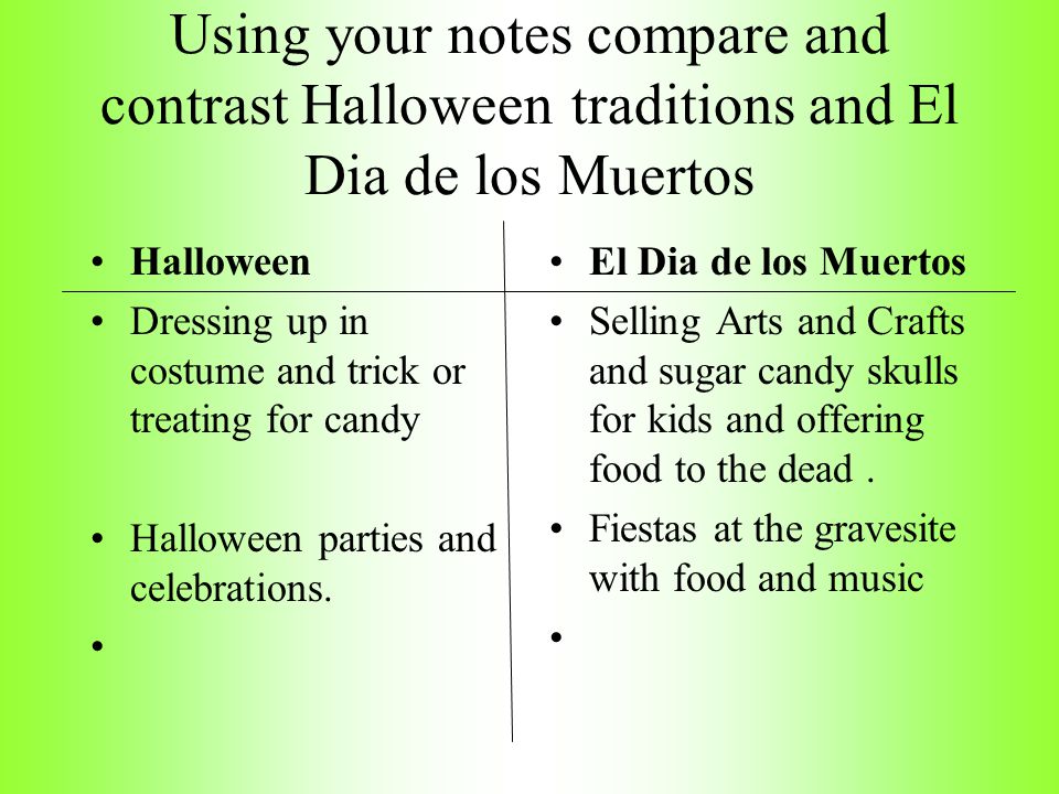 Using your notes compare and contrast Halloween traditions and El Dia de los Muertos