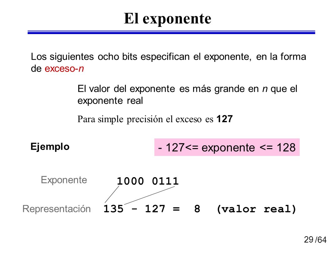 El exponente - 127<= exponente <= = 8 (valor real)