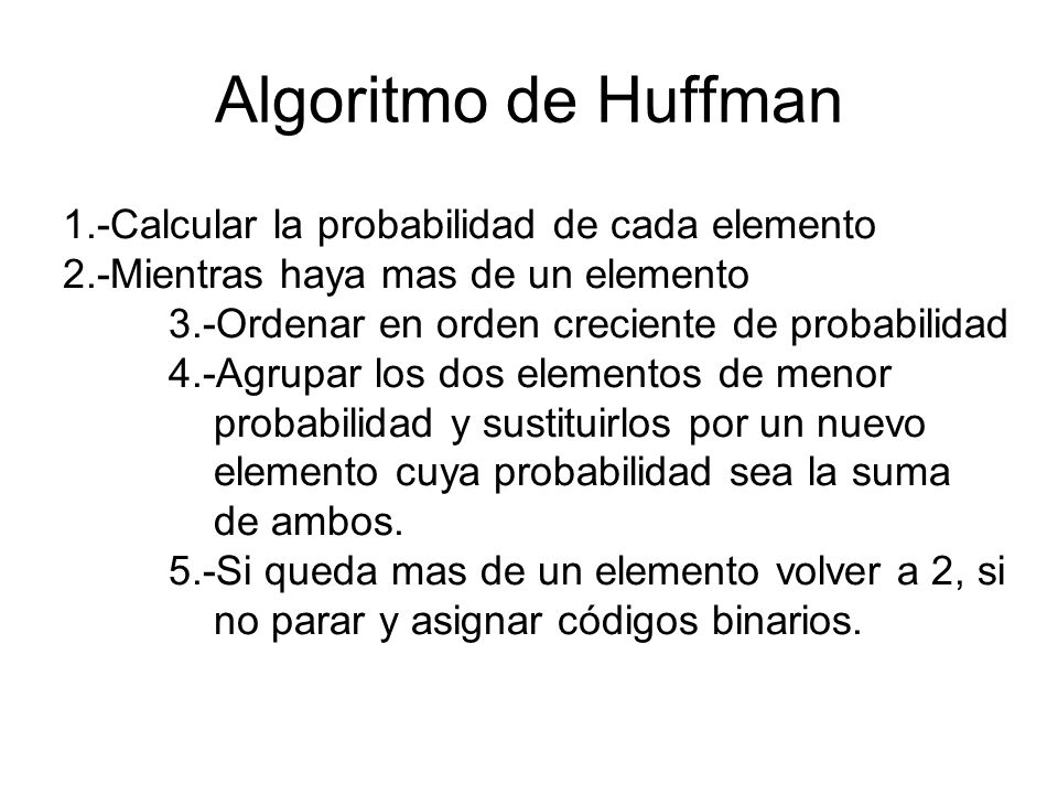 Algoritmo de Huffman 1.-Calcular la probabilidad de cada elemento