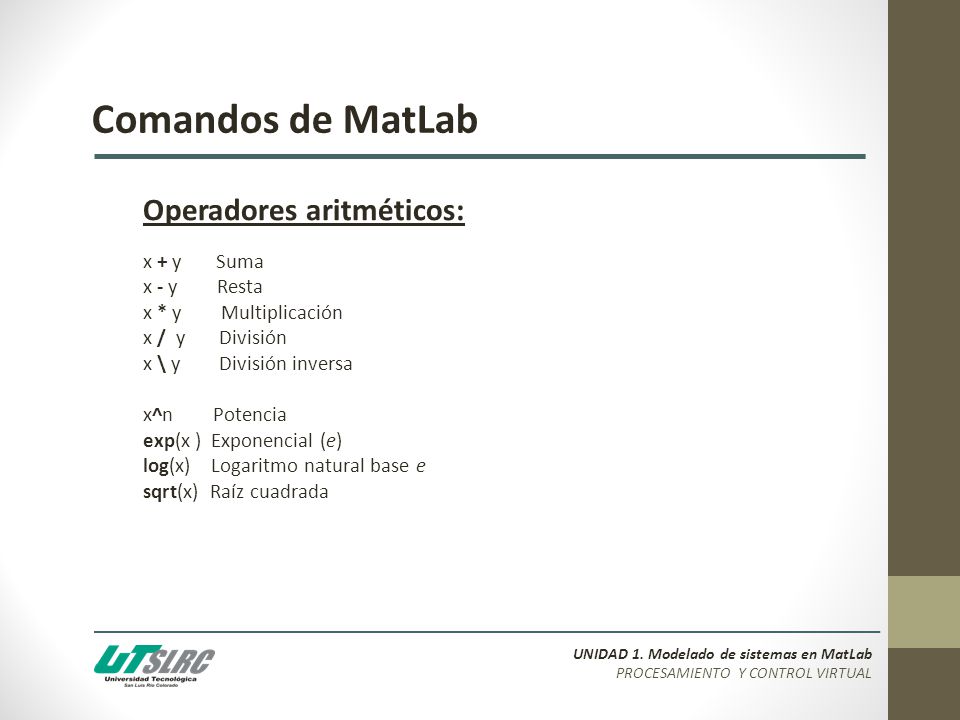 Comandos de MatLab Operadores aritméticos: x + y Suma x - y Resta