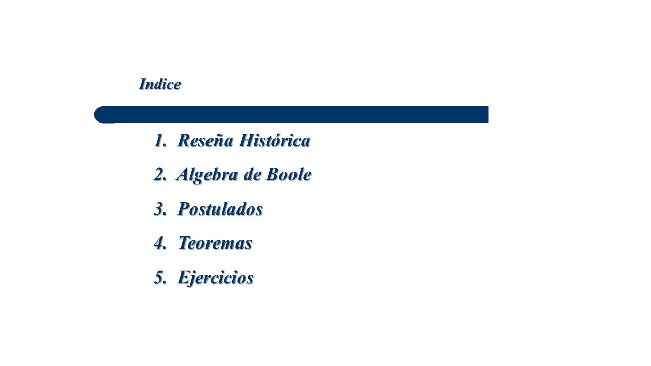 1. Reseña Histórica 2. Algebra de Boole 3. Postulados 4. Teoremas