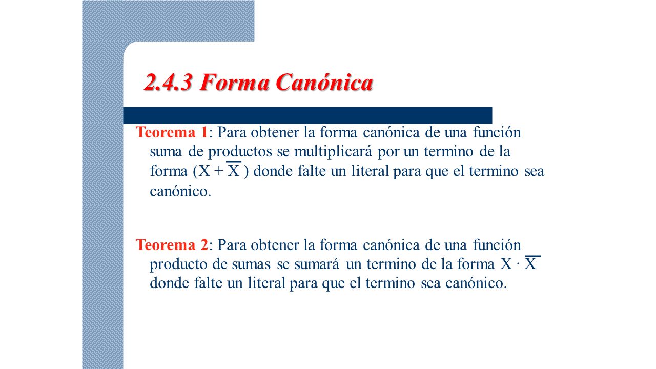 2.4.3 Forma Canónica Teorema 1: Para obtener la forma canónica de una función. suma de productos se multiplicará por un termino de la.