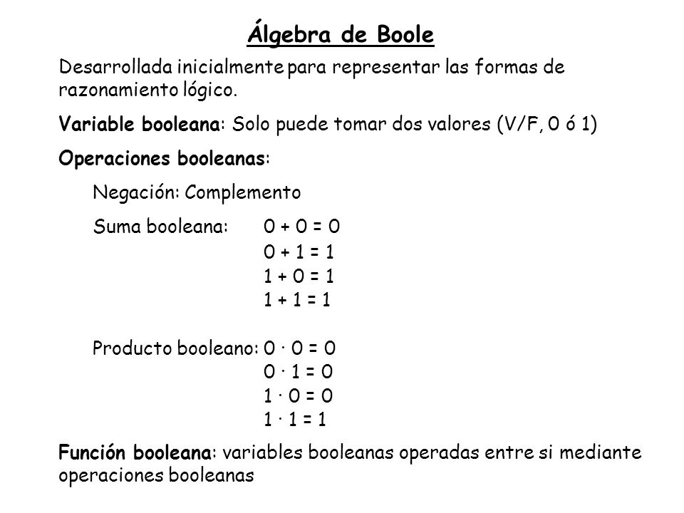 Álgebra de Boole Desarrollada inicialmente para representar las formas de razonamiento lógico.