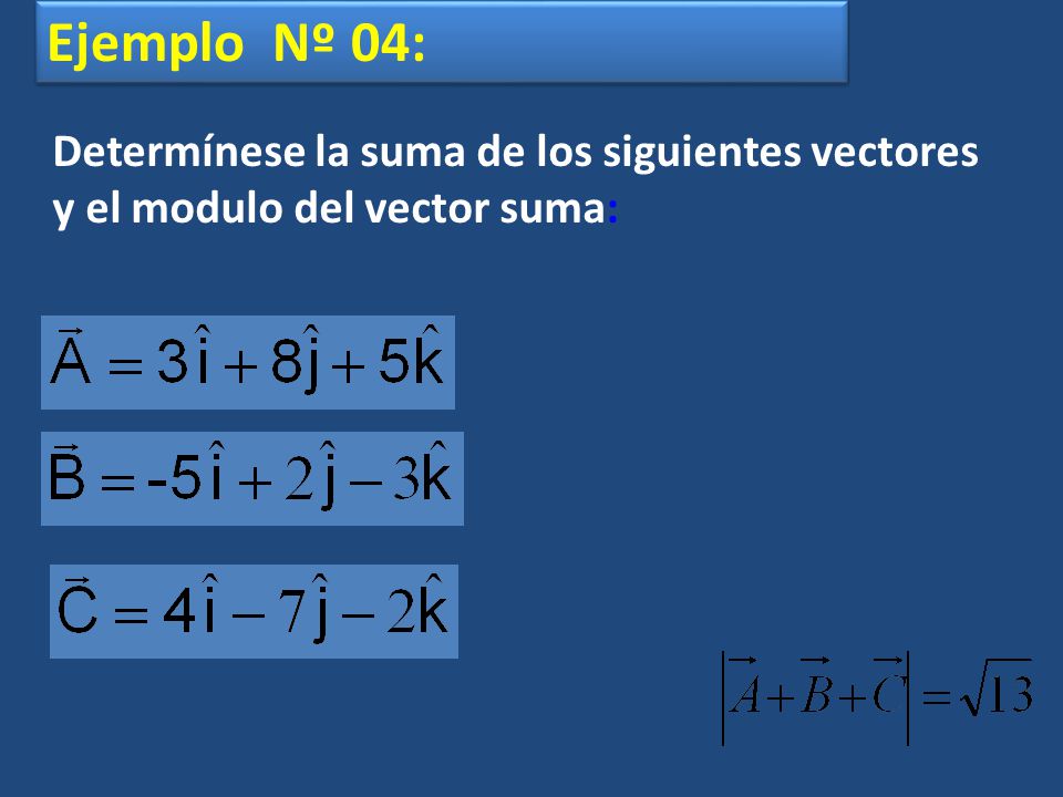 Ejemplo Nº 04: Determínese la suma de los siguientes vectores y el modulo del vector suma: