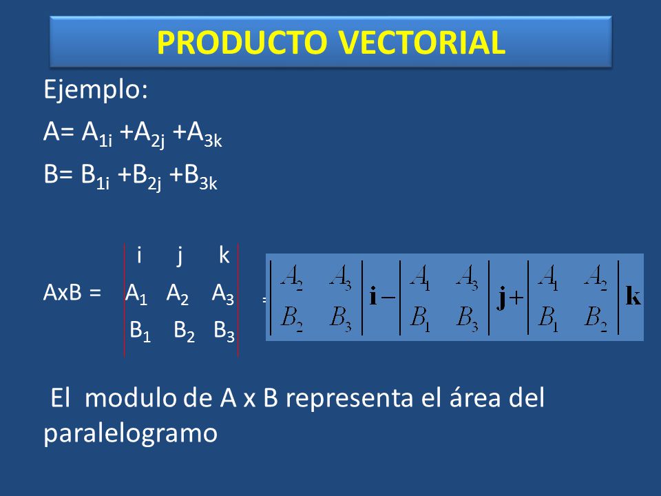 PRODUCTO VECTORIAL Ejemplo: A= A1i +A2j +A3k B= B1i +B2j +B3k