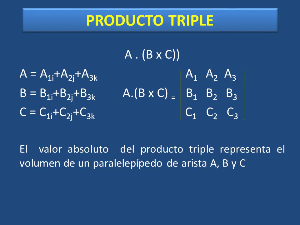 PRODUCTO TRIPLE A . (B x C)) A = A1i+A2j+A3k A1 A2 A3