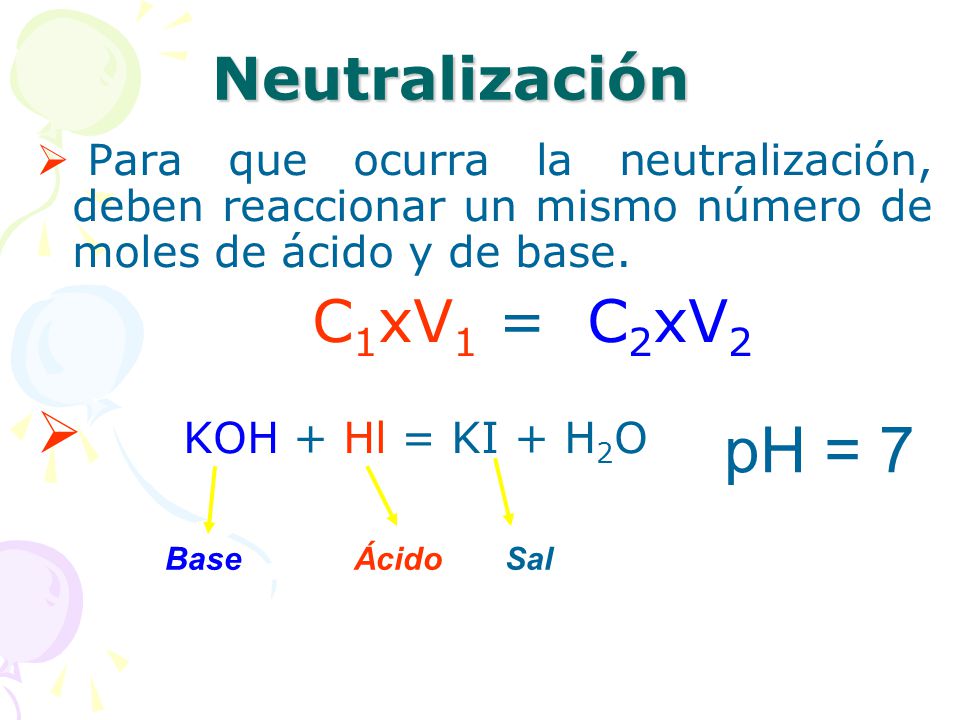 pH = 7 Neutralización KOH + Hl = KI + H2O