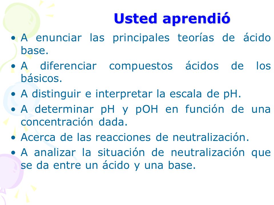 Usted aprendió A enunciar las principales teorías de ácido base.