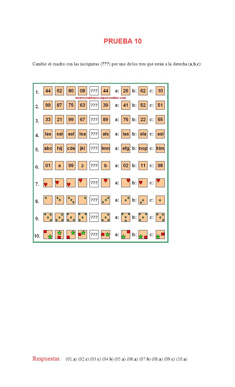 PRUEBA 10 Cambie el cuadro con las incógnitas ( ) por uno de los tres que están a la derecha (a,b,c):