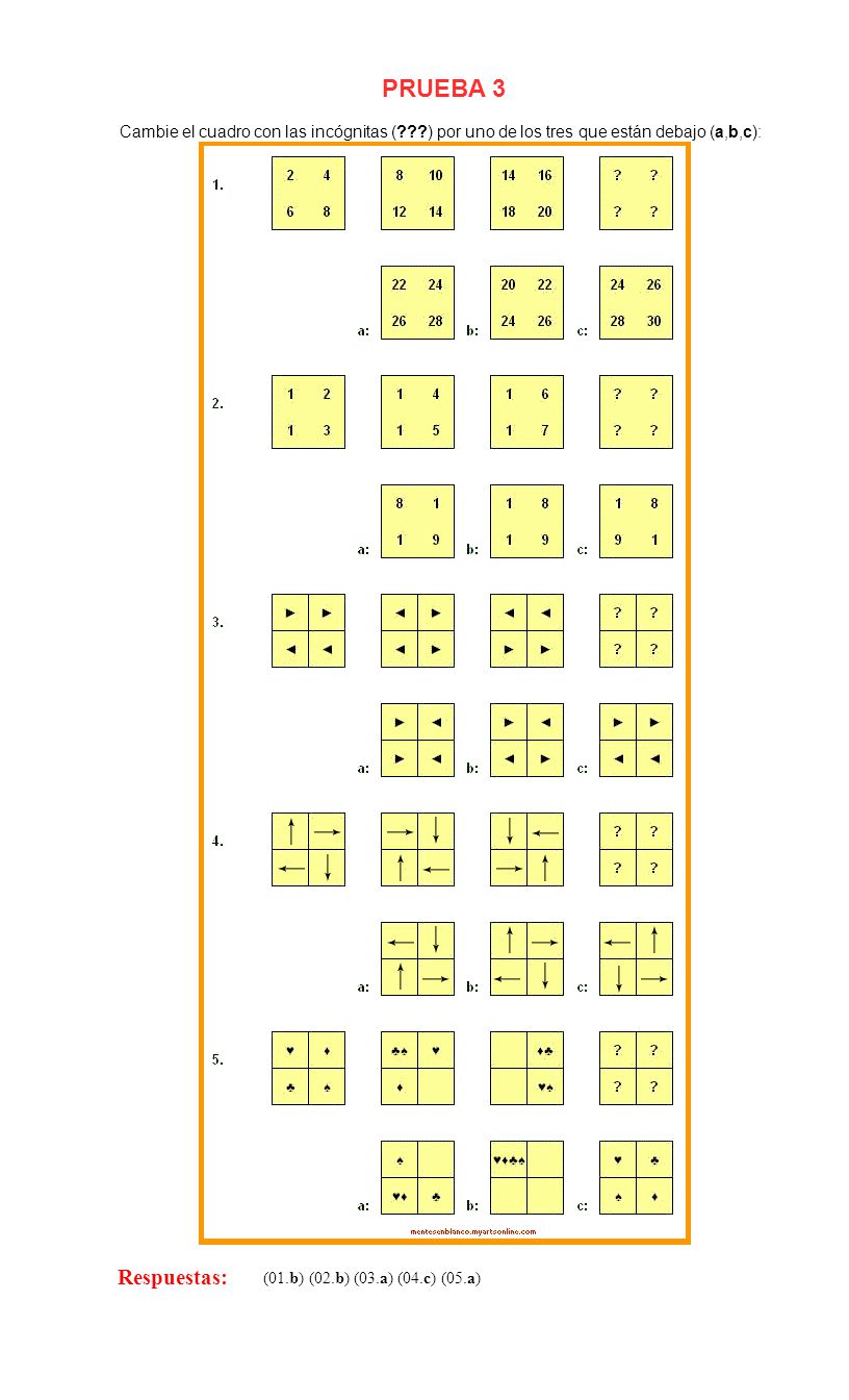 PRUEBA 3 Cambie el cuadro con las incógnitas ( ) por uno de los tres que están debajo (a,b,c): Respuestas: