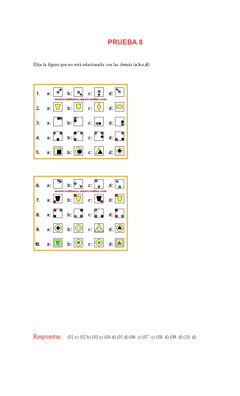 PRUEBA 8 Elija la figura que no está relacionada con las demás (a,b,c,d):