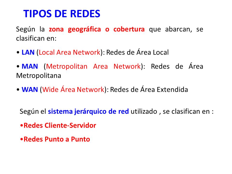 TIPOS DE REDES Según la zona geográfica o cobertura que abarcan, se clasifican en: LAN (Local Area Network): Redes de Área Local.