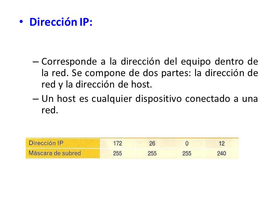 Dirección IP: Corresponde a la dirección del equipo dentro de la red. Se compone de dos partes: la dirección de red y la dirección de host.