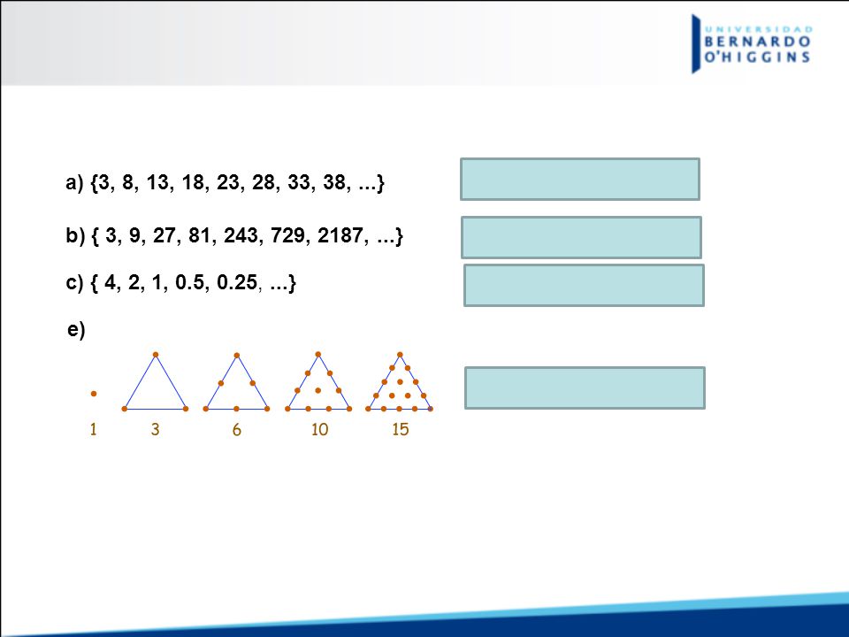 a) {3, 8, 13, 18, 23, 28, 33, 38, ...} La regla es xn = 5n-2. b) { 3, 9, 27, 81, 243, 729, 2187, ...}