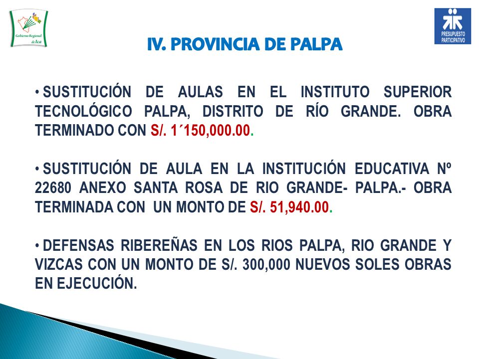 IV. PROVINCIA DE PALPA SUSTITUCIÓN DE AULAS EN EL INSTITUTO SUPERIOR TECNOLÓGICO PALPA, DISTRITO DE RÍO GRANDE. OBRA TERMINADO CON S/. 1´150,
