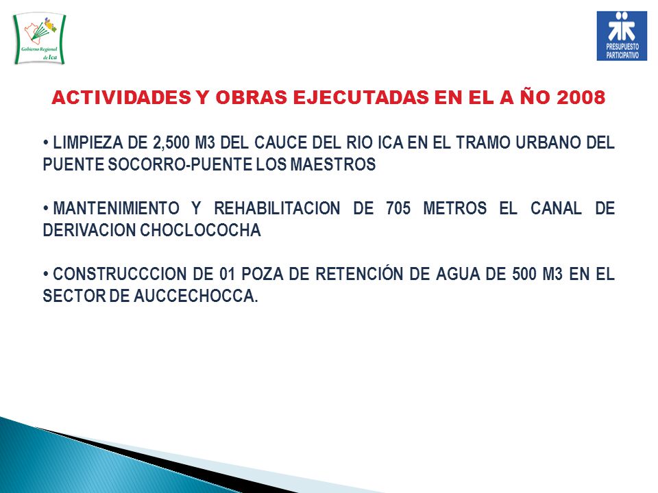 ACTIVIDADES Y OBRAS EJECUTADAS EN EL A ÑO 2008