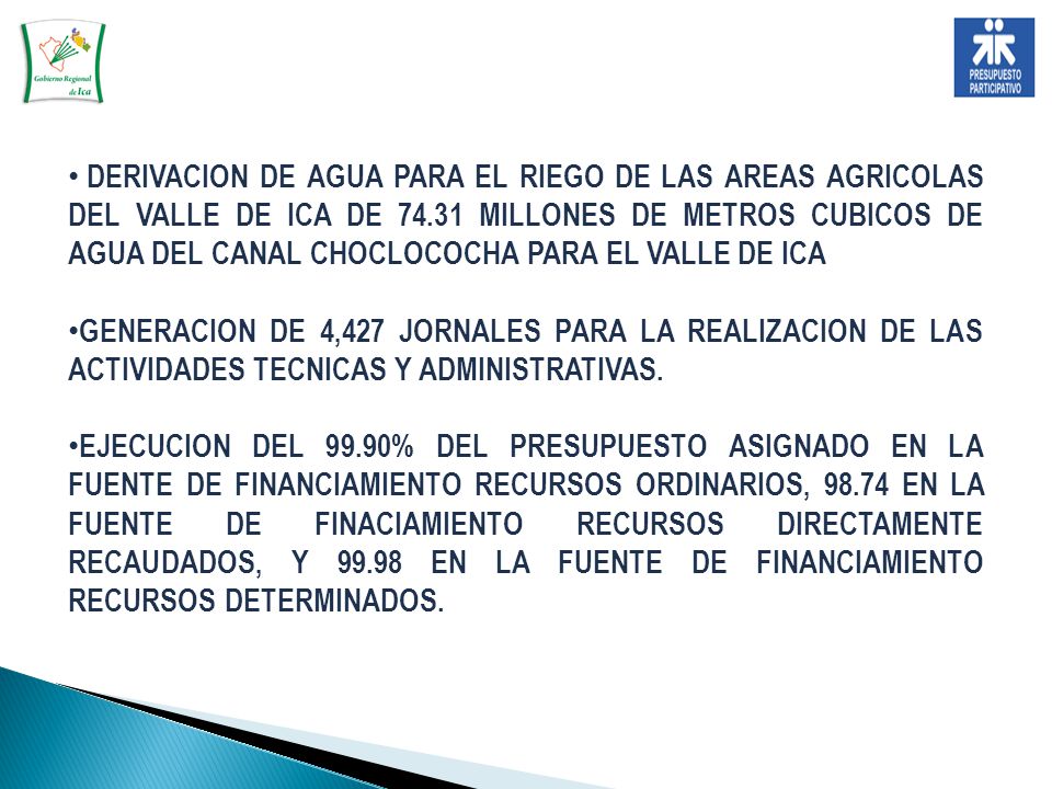 DERIVACION DE AGUA PARA EL RIEGO DE LAS AREAS AGRICOLAS DEL VALLE DE ICA DE MILLONES DE METROS CUBICOS DE AGUA DEL CANAL CHOCLOCOCHA PARA EL VALLE DE ICA
