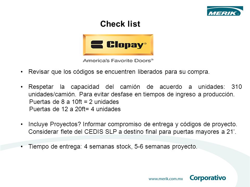 Check list Revisar que los códigos se encuentren liberados para su compra.