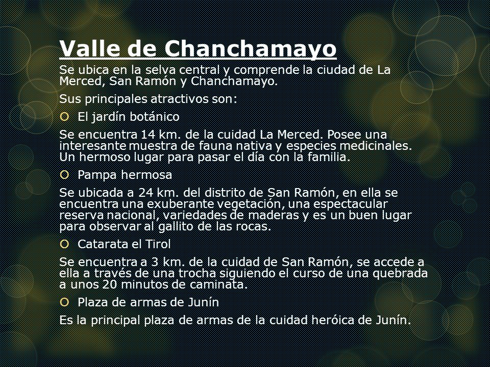 Valle de Chanchamayo Se ubica en la selva central y comprende la ciudad de La Merced, San Ramón y Chanchamayo.