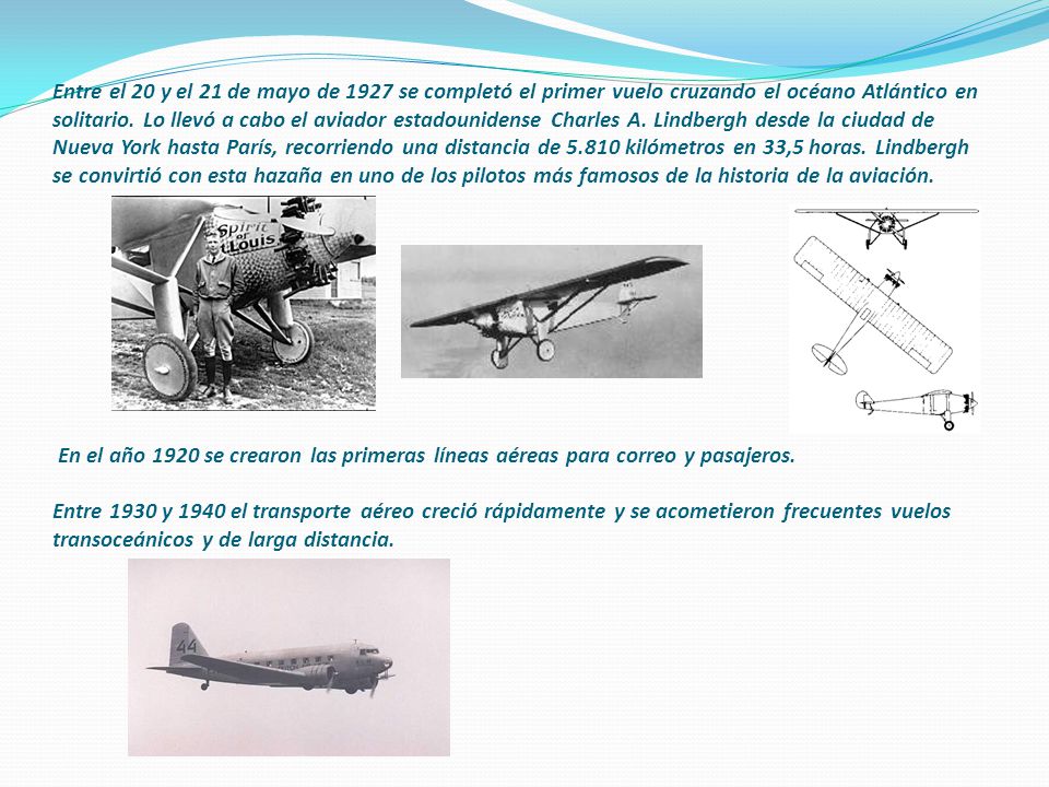 Entre el 20 y el 21 de mayo de 1927 se completó el primer vuelo cruzando el océano Atlántico en solitario.