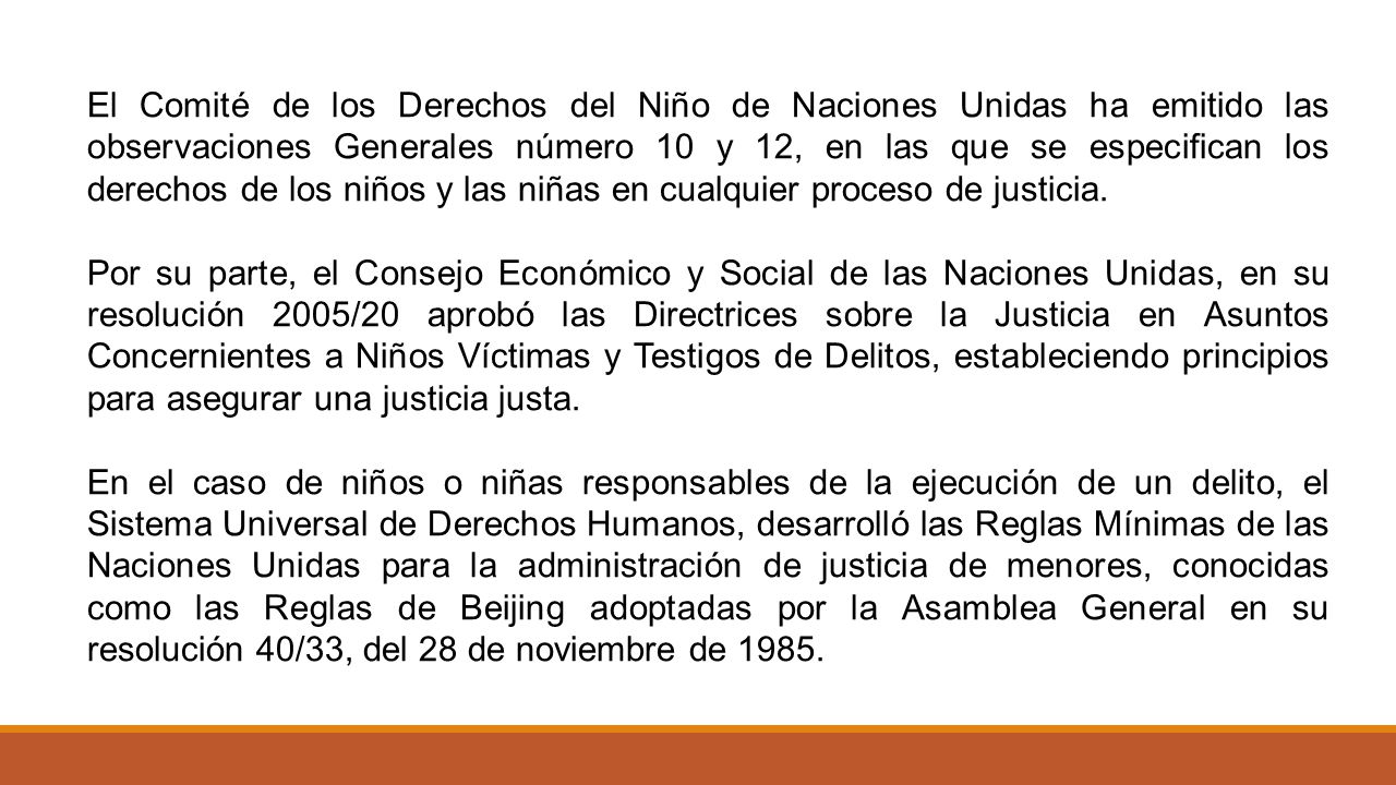 El Comité de los Derechos del Niño de Naciones Unidas ha emitido las observaciones Generales número 10 y 12, en las que se especifican los derechos de los niños y las niñas en cualquier proceso de justicia.