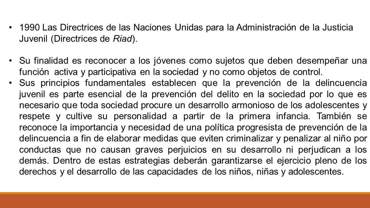 1990 Las Directrices de las Naciones Unidas para la Administración de la Justicia Juvenil (Directrices de Riad).