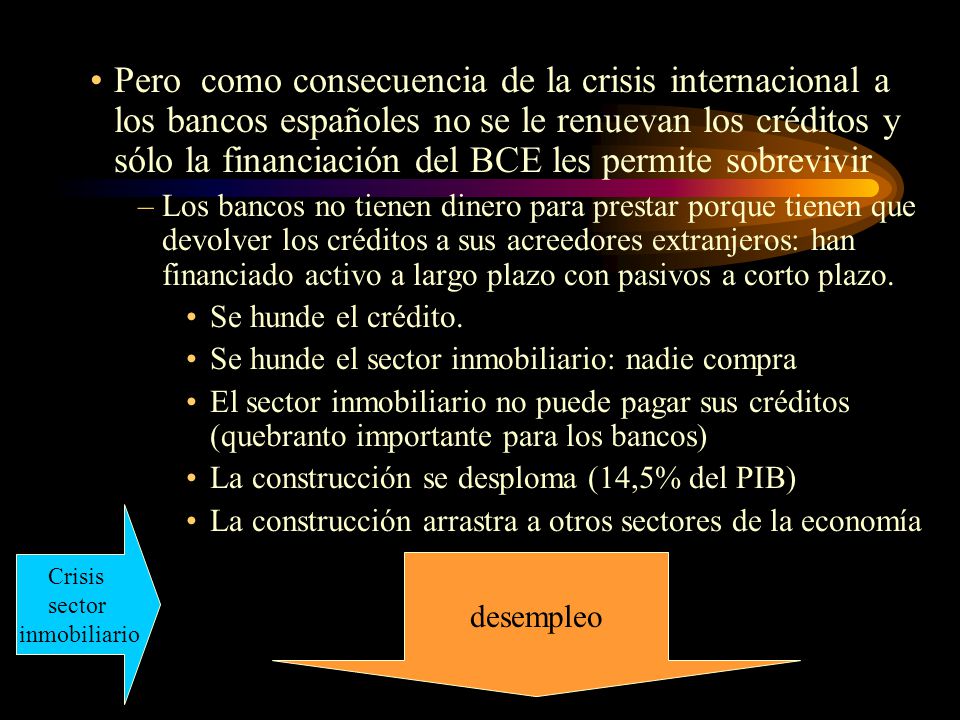 Pero como consecuencia de la crisis internacional a los bancos españoles no se le renuevan los créditos y sólo la financiación del BCE les permite sobrevivir