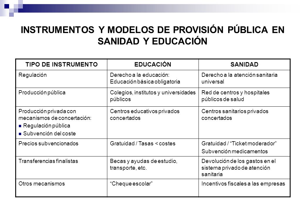 INSTRUMENTOS Y MODELOS DE PROVISIÓN PÚBLICA EN SANIDAD Y EDUCACIÓN