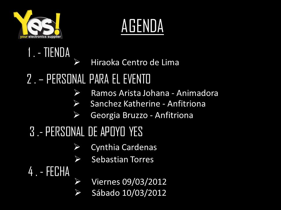 AGENDA TIENDA 2 . – PERSONAL PARA EL EVENTO