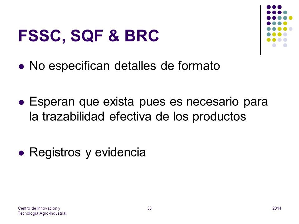 FSSC, SQF & BRC No especifican detalles de formato
