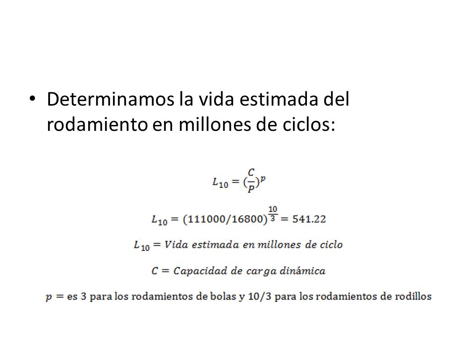 Determinamos la vida estimada del rodamiento en millones de ciclos: