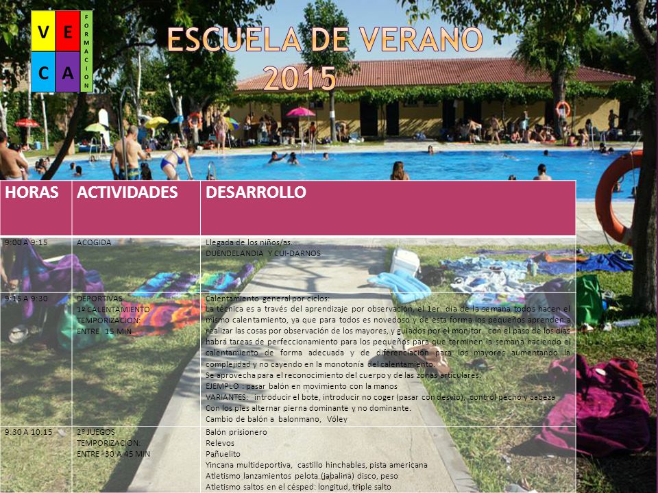 ESCUELA DE VERANO 2015 HORAS ACTIVIDADES DESARROLLO 9:00 A 9:15