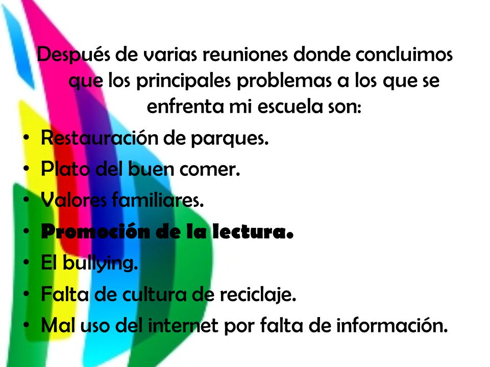 Después de varias reuniones donde concluimos que los principales problemas a los que se enfrenta mi escuela son:
