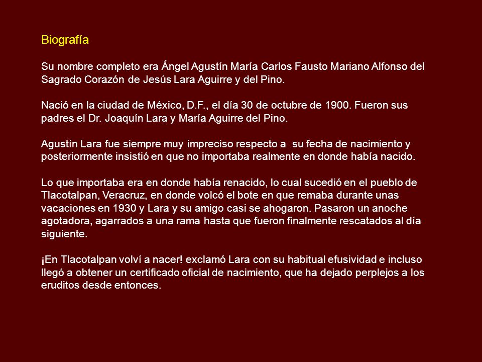 Biografía Su nombre completo era Ángel Agustín María Carlos Fausto Mariano Alfonso del Sagrado Corazón de Jesús Lara Aguirre y del Pino.