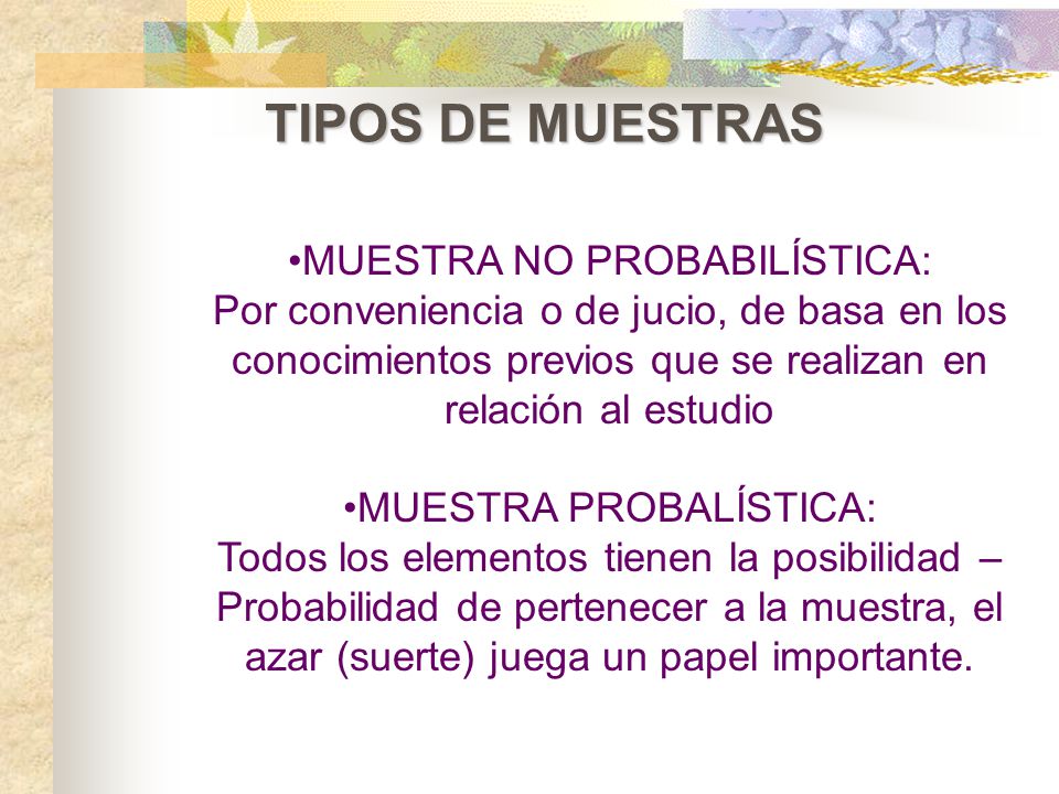 TIPOS DE MUESTRAS MUESTRA NO PROBABILÍSTICA: