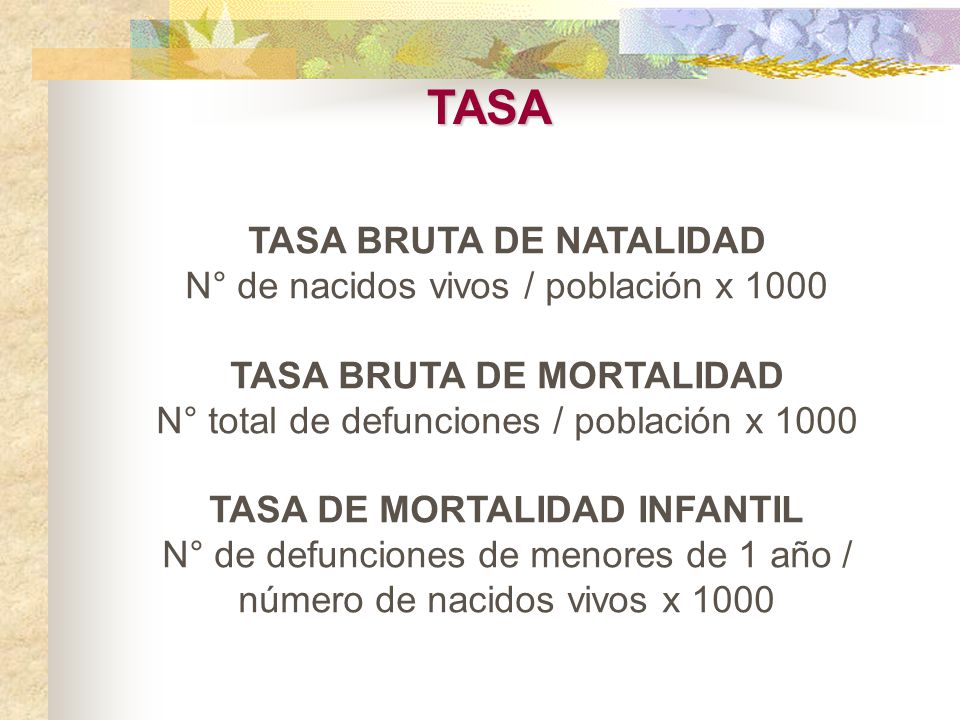 TASA TASA BRUTA DE NATALIDAD N° de nacidos vivos / población x 1000
