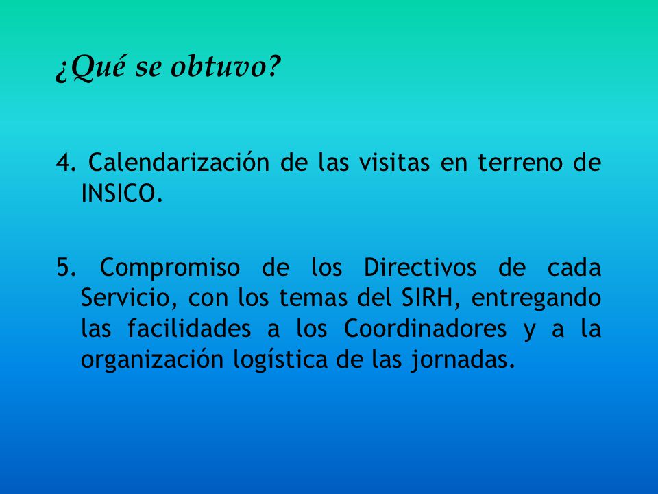 ¿Qué se obtuvo 4. Calendarización de las visitas en terreno de INSICO.