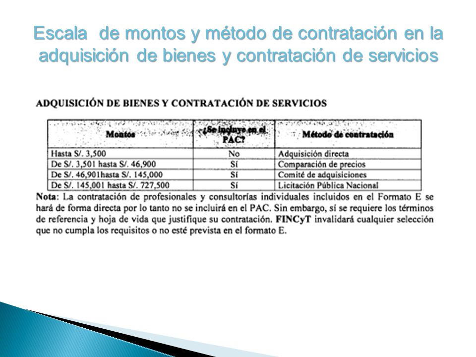 Escala de montos y método de contratación en la adquisición de bienes y contratación de servicios