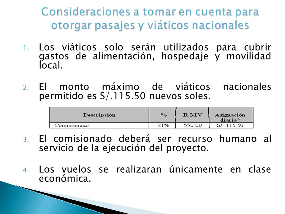 Consideraciones a tomar en cuenta para otorgar pasajes y viáticos nacionales