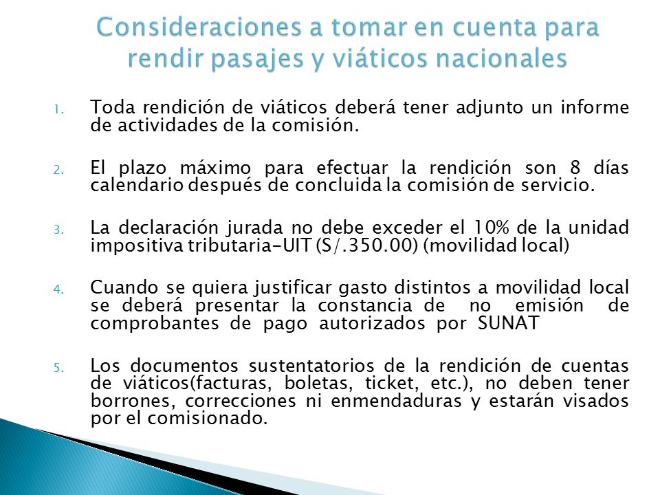 Consideraciones a tomar en cuenta para rendir pasajes y viáticos nacionales