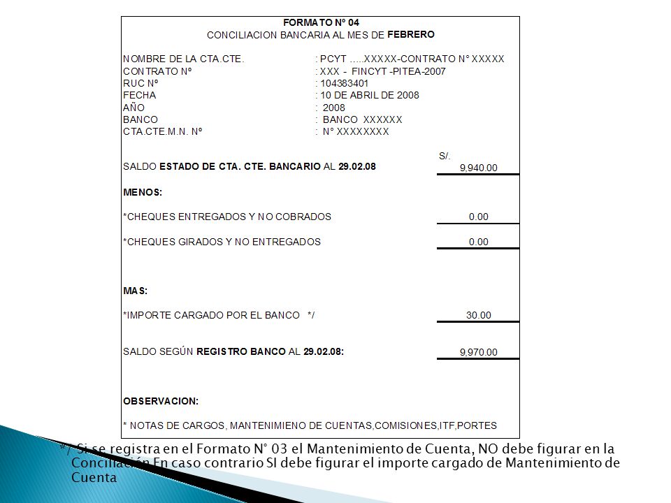*/ Si se registra en el Formato N° 03 el Mantenimiento de Cuenta, NO debe figurar en la Conciliación En caso contrario SI debe figurar el importe cargado de Mantenimiento de Cuenta