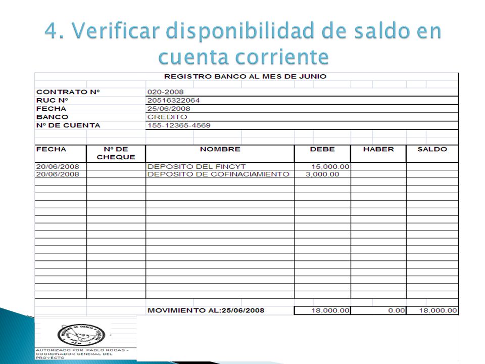 4. Verificar disponibilidad de saldo en cuenta corriente