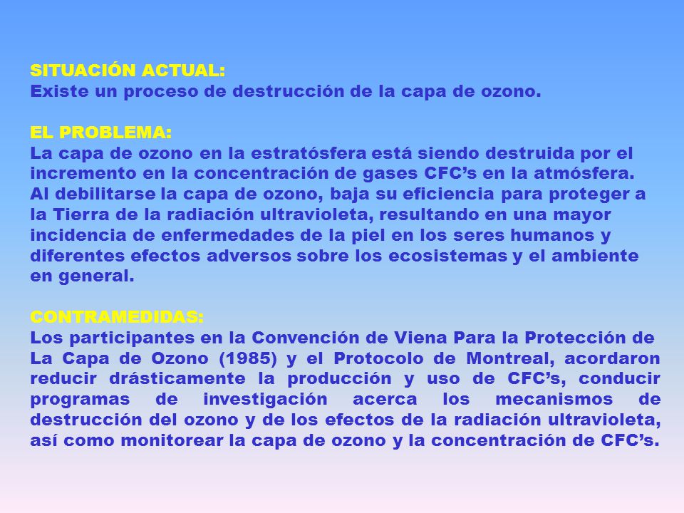 SITUACIÓN ACTUAL: Existe un proceso de destrucción de la capa de ozono. EL PROBLEMA: