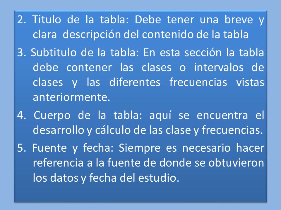 2. Titulo de la tabla: Debe tener una breve y clara descripción del contenido de la tabla