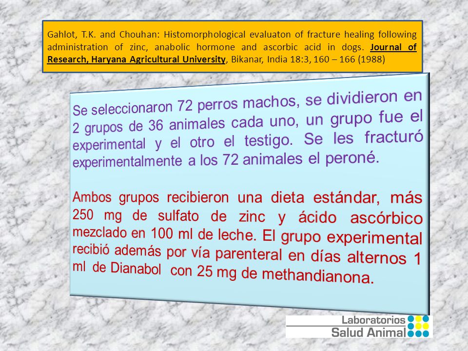 Gahlot, T.K. and Chouhan: Histomorphological evaluaton of fracture healing following administration of zinc, anabolic hormone and ascorbic acid in dogs. Journal of Research, Haryana Agricultural University, Bikanar, India 18:3, 160 – 166 (1988)